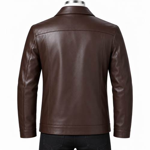 A dark brown leather jacket shown from the back on a mannequin with black pants, against a plain white background.
