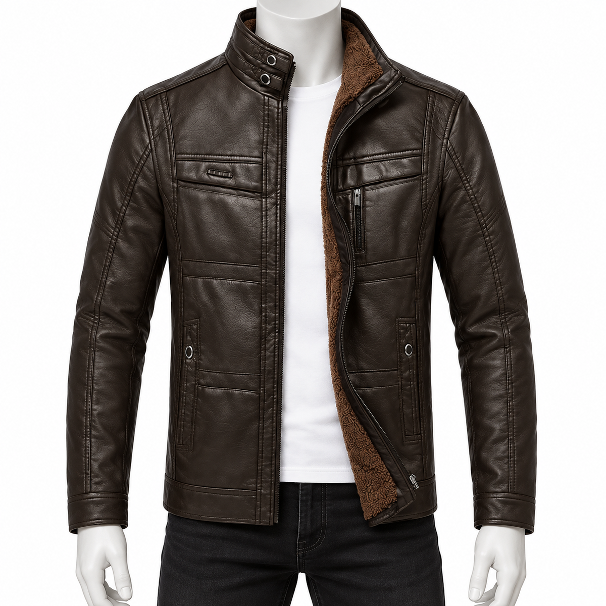 Black Coffee - A dark brown faux leather jacket with a brown sherpa lining, shown on a white mannequin torso wearing a white t-shirt and black jeans against a white background.