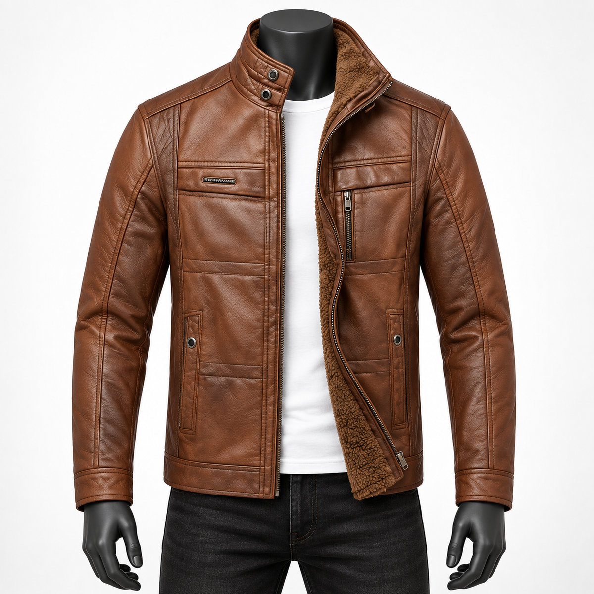Brown Coffee - A brown faux-leather motorcycle jacket with a sherpa-lined interior, displayed on a black mannequin torso against a white background.