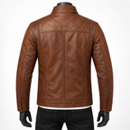 Brown Coffee - A brown faux-leather or leather jacket shown from the back on a mannequin with black pants and black gloves, against a plain white studio background.