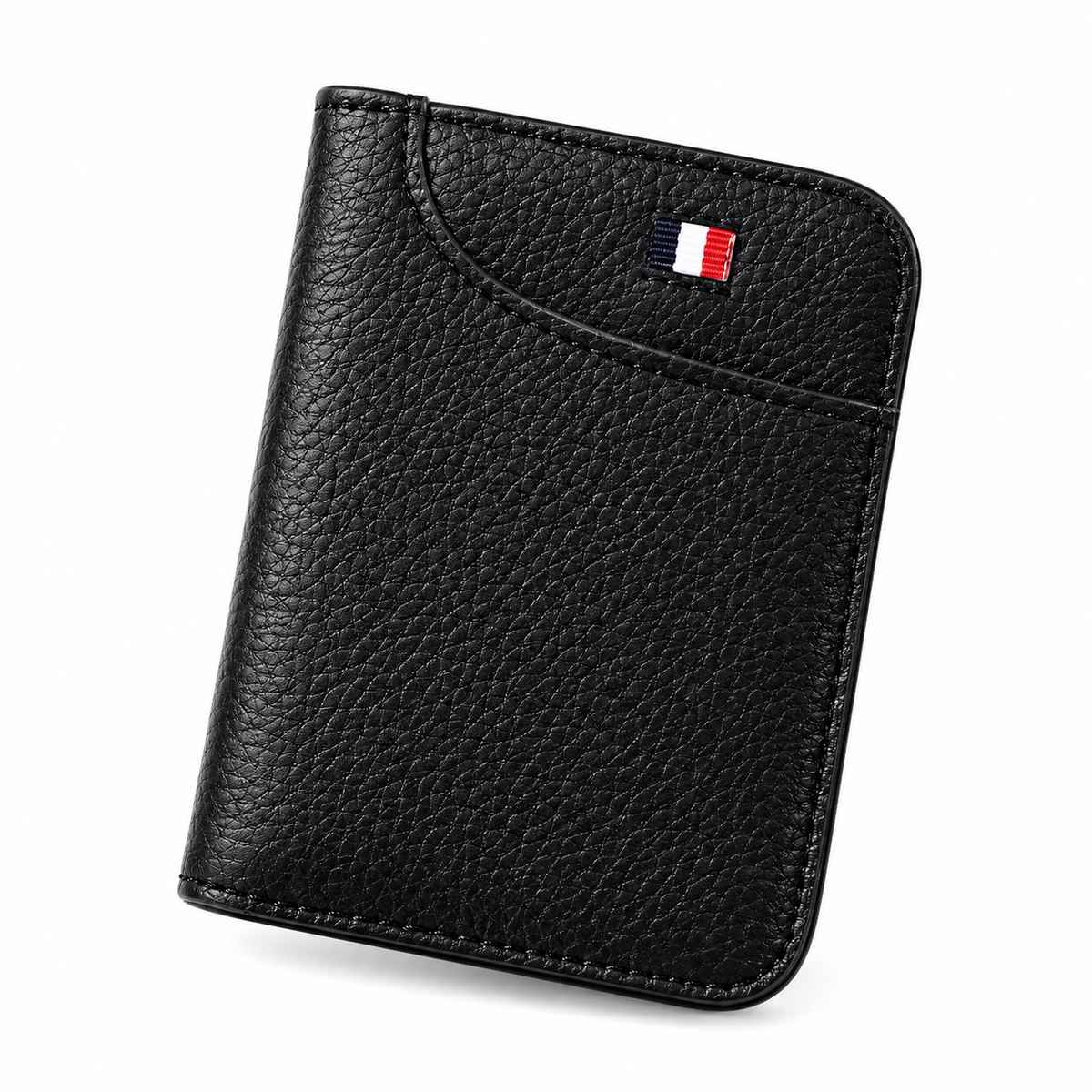 Black 9-slot PU vegan leather card holder with textured finish, curved outer pocket and striped fabric tab.