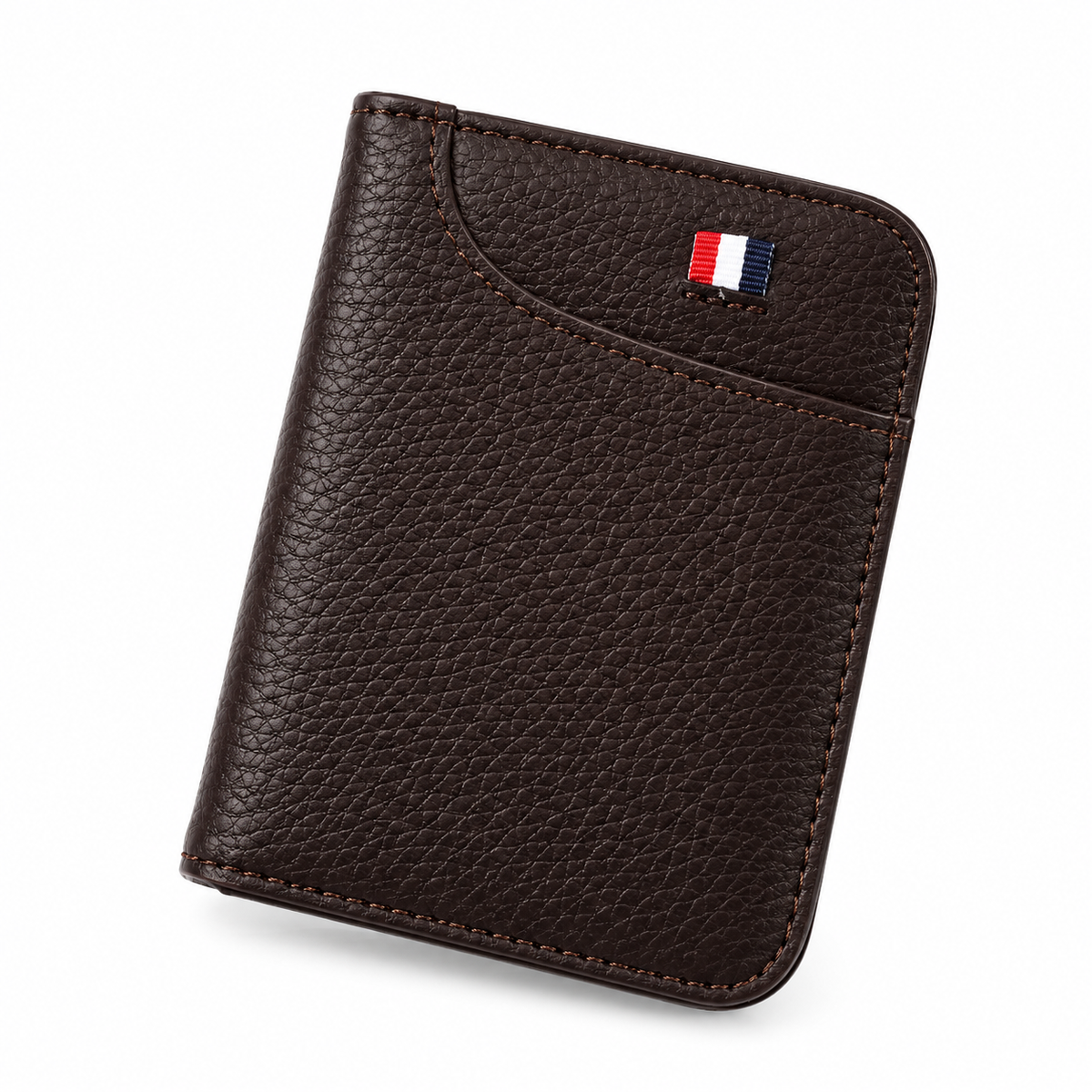 Coffee 9-slot vegan leather card holder with brown stitched edges and a striped fabric tab.
