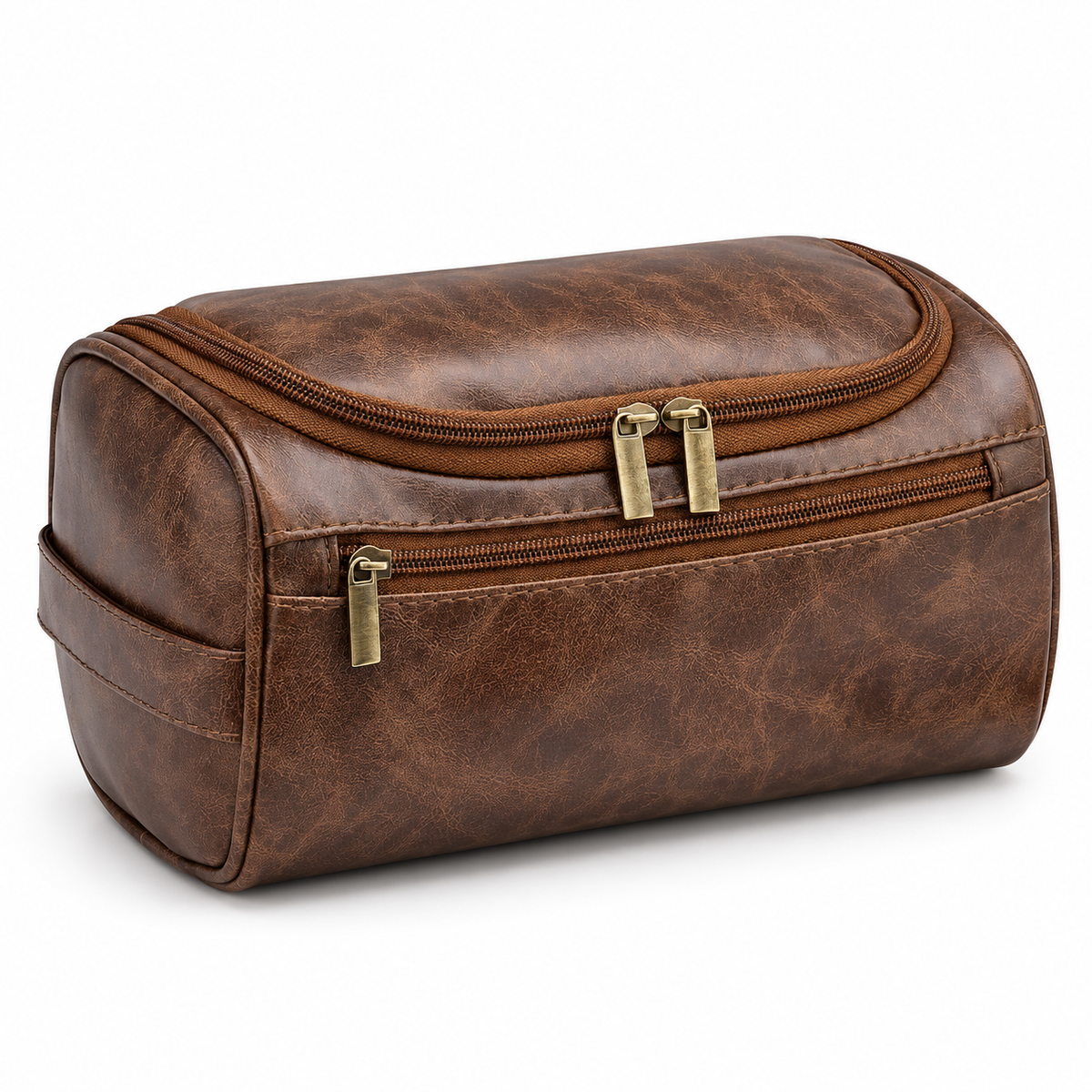A brown faux-leather travel toiletry bag with a distressed finish, featuring a top zip closure and a front zippered pocket with brass-tone hardware, shown on a white background.