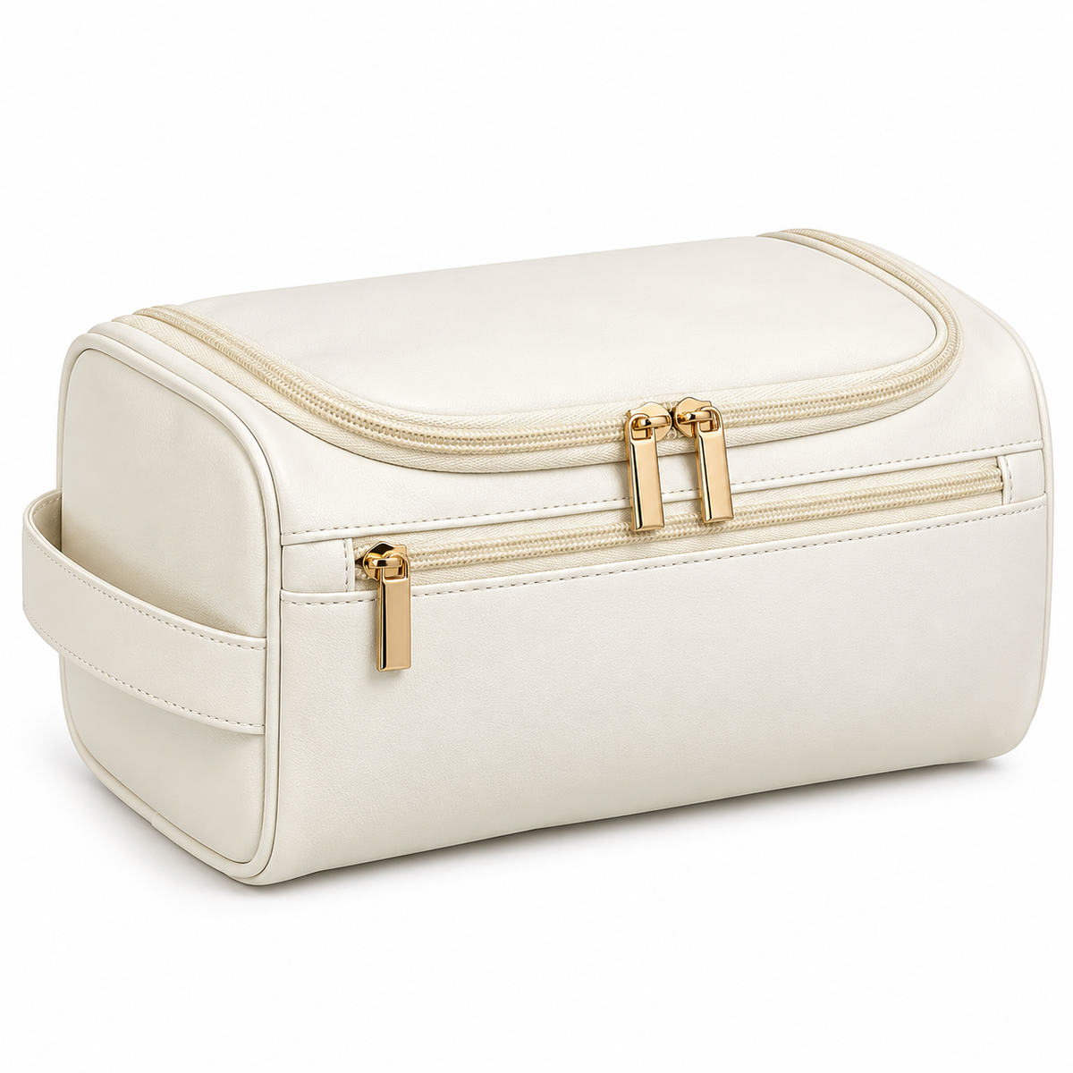 An off-white faux leather travel toiletry bag with gold-tone zippers and hardware, shown on a clean white background.