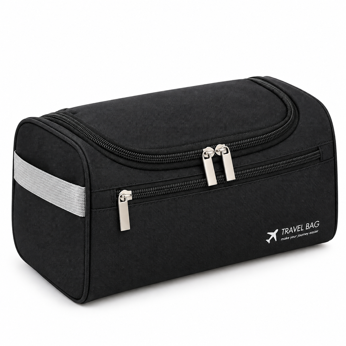 A black travel toiletry bag with a zippered top, a front zippered pocket, a reflective silver side stripe, and a white 'TRAVEL BAG' logo on the bottom right, shown on a white background.