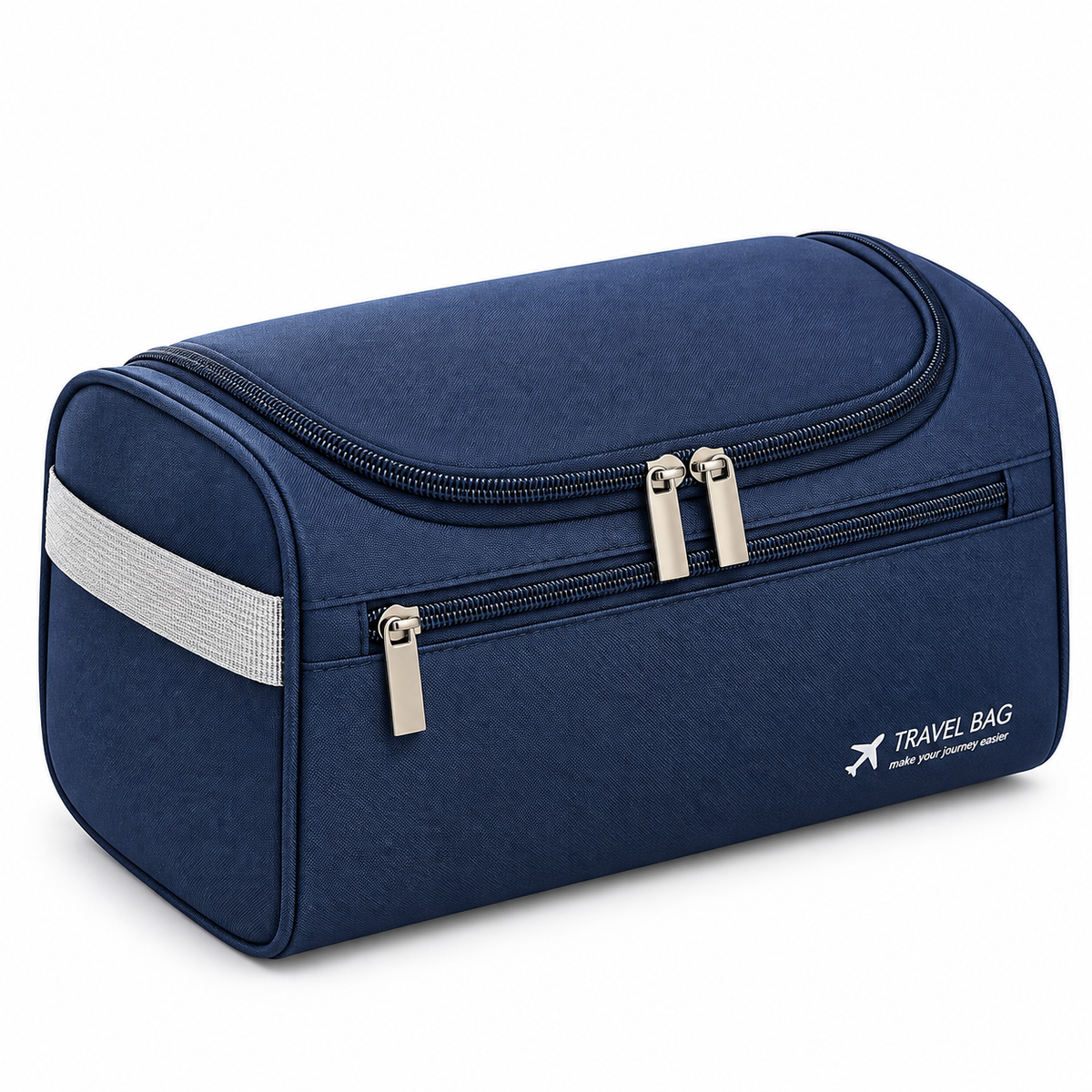 A navy blue travel toiletry bag with a reflective silver side stripe, dual zipper compartments, and a white printed logo on the bottom right corner.