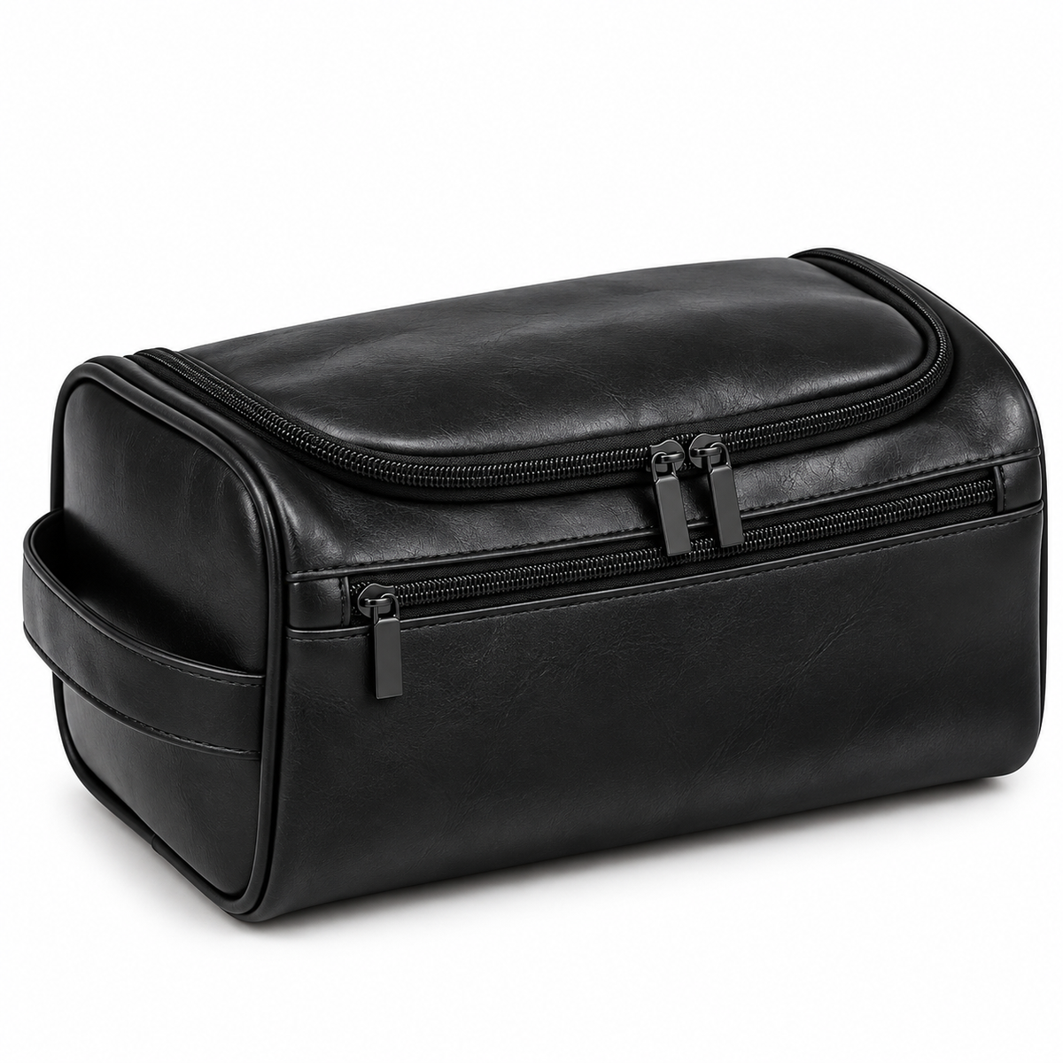 Black faux leather toiletry bag with multiple zippered compartments and a side handle, shown on a white background.