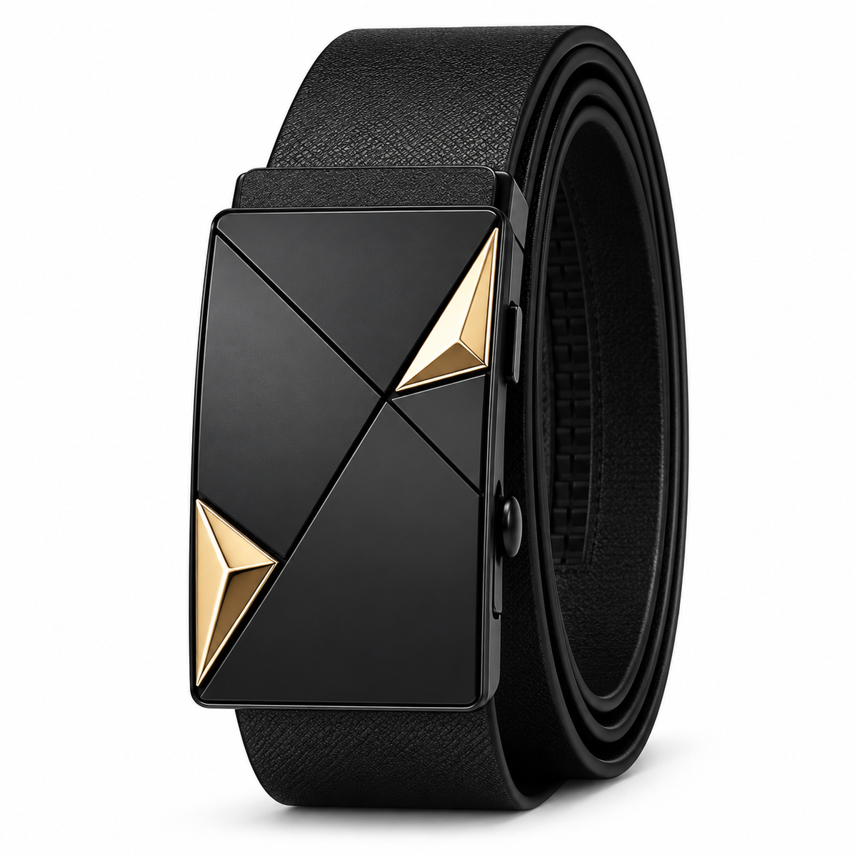 A black leather belt with a geometric, multi-panel black metal buckle featuring three gold triangular accents, shown on a clean white background.