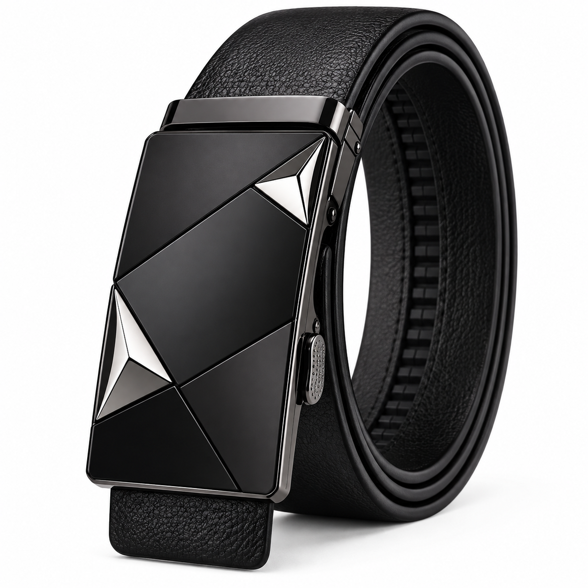 A black leather belt with a geometric, faceted black metal buckle featuring silver triangular accents, displayed on a clean white background.
