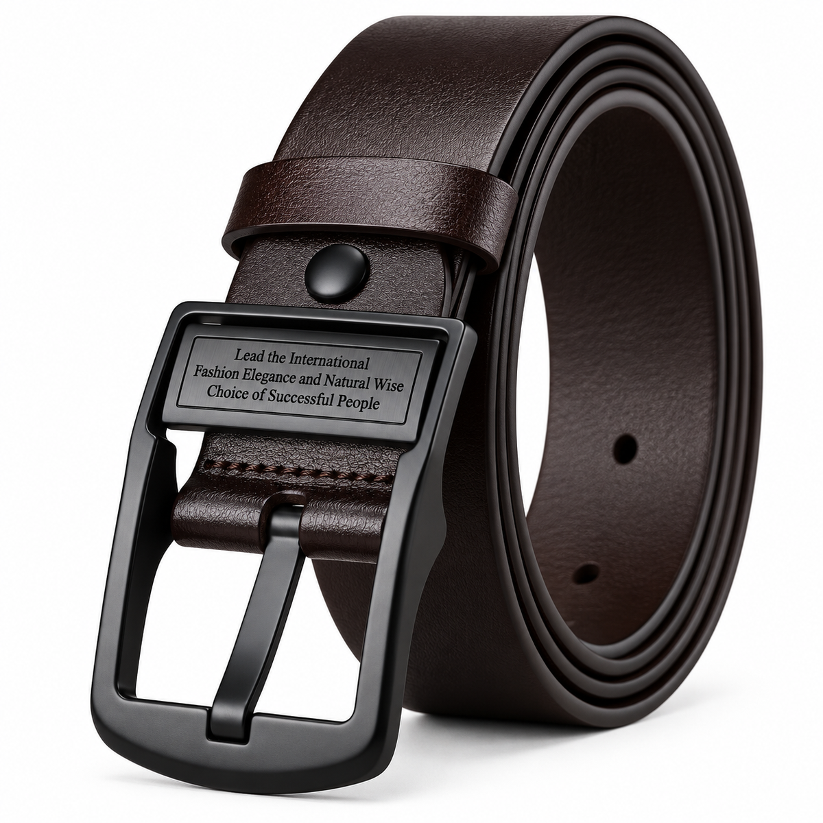 A dark brown leather belt with a matte black metal buckle featuring a custom engraved plaque, coiled on a white background.