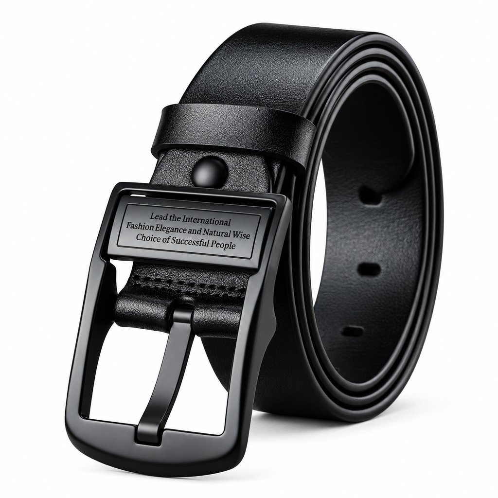 Men’s Black Pin Buckle Belt & Coin Pocket Wallet Bundle — belt detail