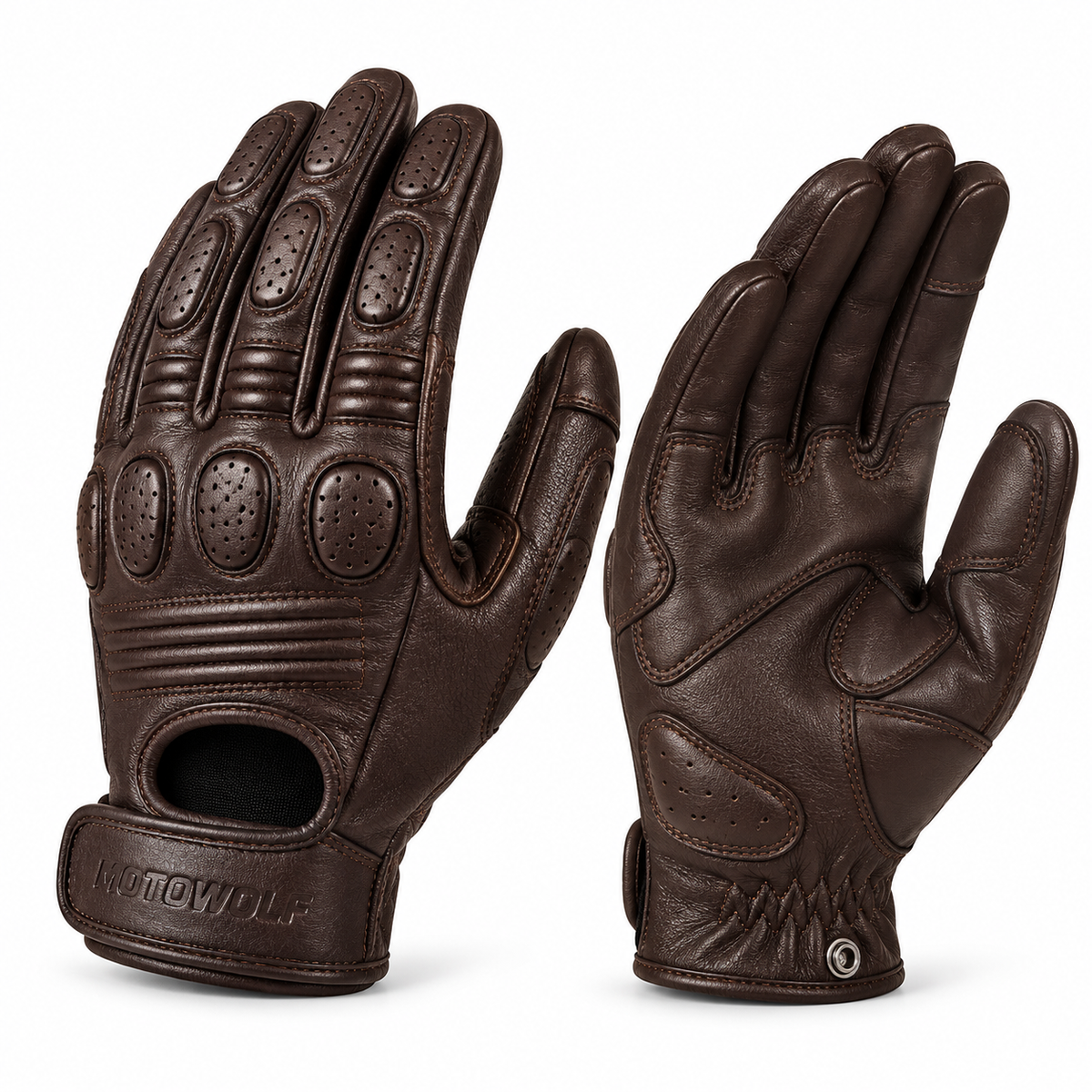 A pair of dark brown leather motorcycle gloves shown from both the back and palm sides, featuring reinforced knuckles, finger padding, and a wrist strap with the 'INJOYWALK' brand name.