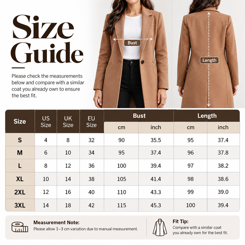 Shared - A size guide graphic for a women's coat, showing a cropped model wearing the coat from the front and back with measurement callouts, plus a size table listing US, UK, and EU sizes with bust and length measurements.