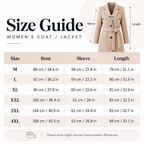 Shared - A size guide chart for a women's coat or jacket, showing a beige coat illustration with labeled measurements (sleeve, bust, length) and a table listing sizes M through 4XL with corresponding bust, sleeve, and length measurements in centimeters and inches.