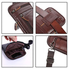 Brown leather crossbody bag with multiple views showing details like zippers and strap.