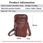 Brown leather shoulder bag with measurements and product information on a white background