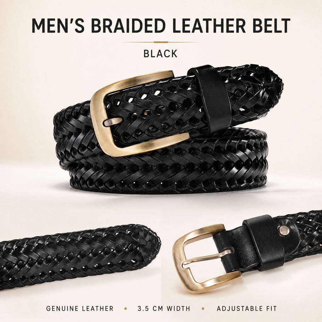 Black braided leather belt with a gold-tone buckle, shown coiled and in close-up detail shots on a light beige background with text reading 'MEN'S BRAIDED LEATHER BELT' and 'BLACK'.