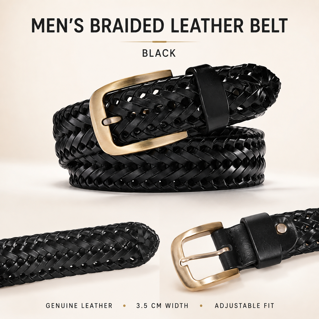 Black braided leather belt with a gold-tone buckle, shown coiled and in close-up detail shots on a light beige background with text reading 'MEN'S BRAIDED LEATHER BELT' and 'BLACK'.