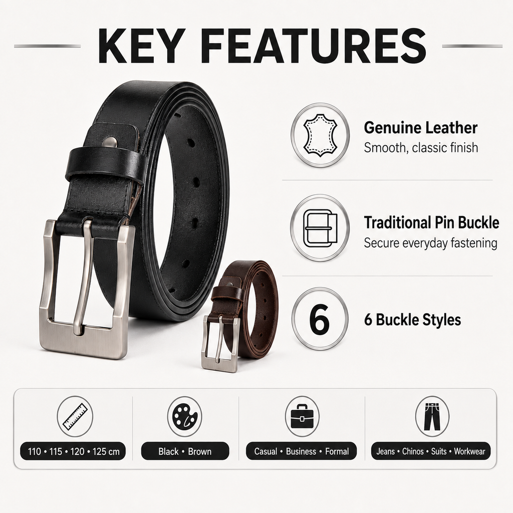 A product infographic for a leather belt featuring a black belt and a brown belt with silver-tone buckles on a white background. The graphic includes text reading 'KEY FEATURES' and bullet points about genuine leather, traditional pin buckle, and 6 buckle styles.