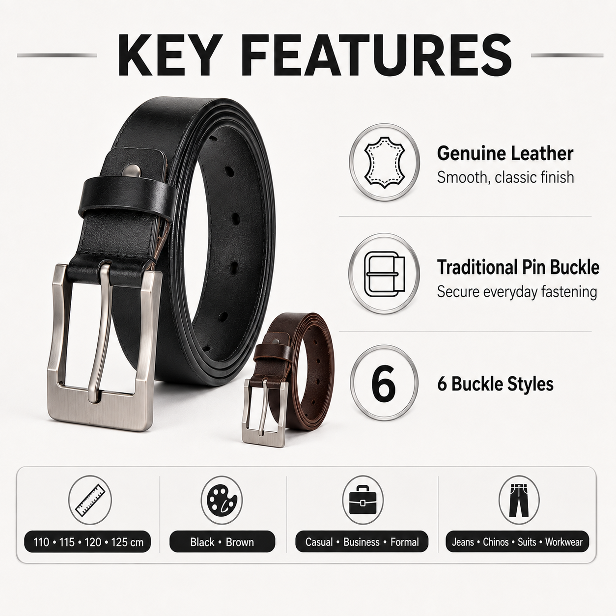 A product infographic for a leather belt featuring a black belt and a brown belt with silver-tone buckles on a white background. The graphic includes text reading 'KEY FEATURES' and bullet points about genuine leather, traditional pin buckle, and 6 buckle styles.