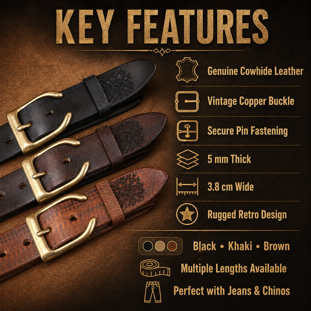 Men’s Vintage Cowhide Leather Belt – Retro Brass Pin Buckle