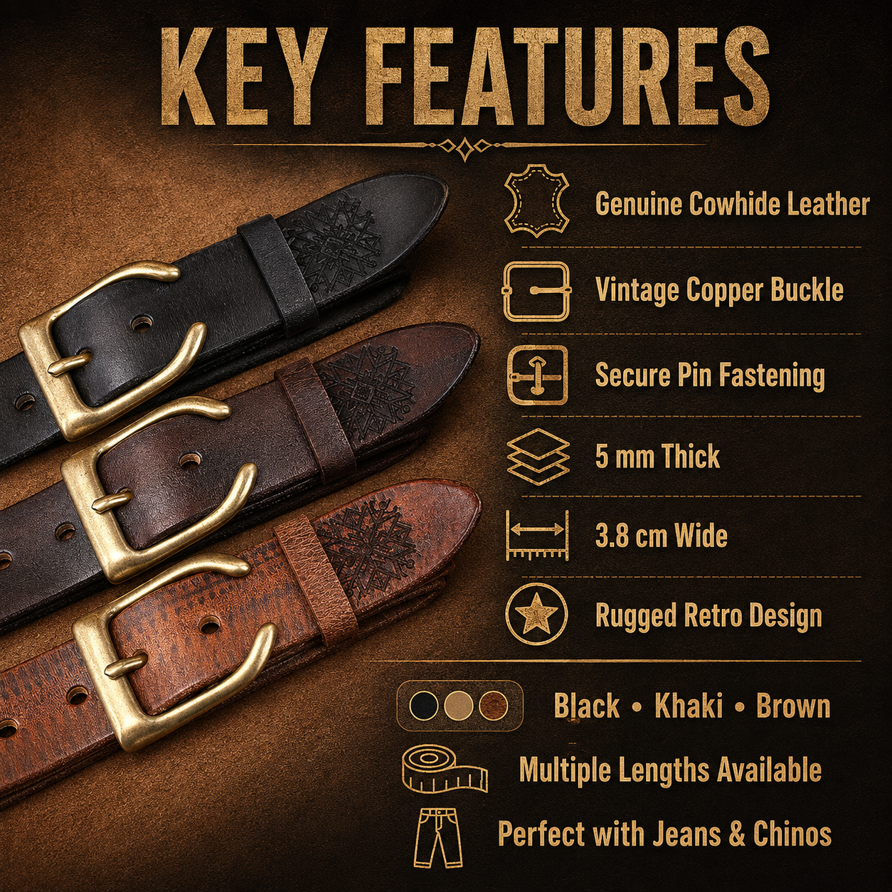 Men’s Vintage Cowhide Leather Belt – Retro Brass Pin Buckle