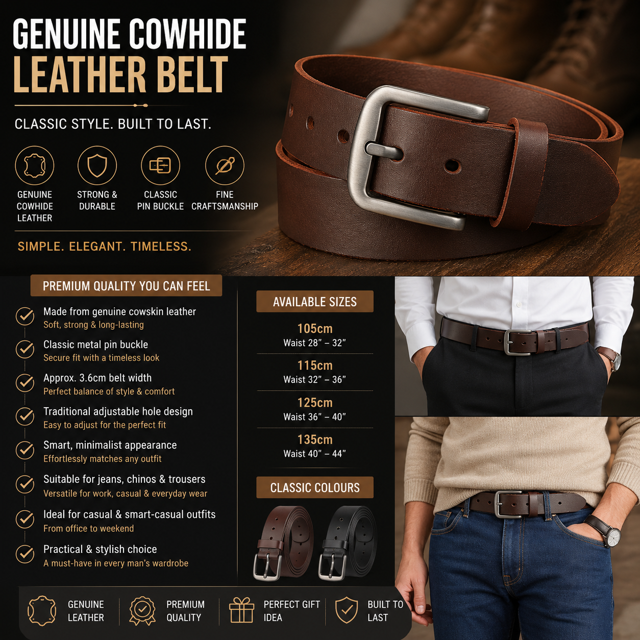 Men’s Genuine Cowskin Leather Belt – Classic Metal Pin Buckle Jeans & Business Belt