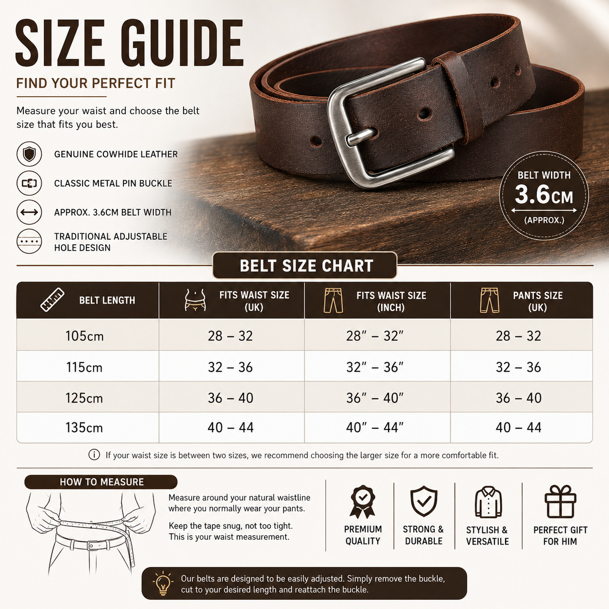 Men’s Genuine Cowskin Leather Belt – Classic Metal Pin Buckle Jeans & Business Belt