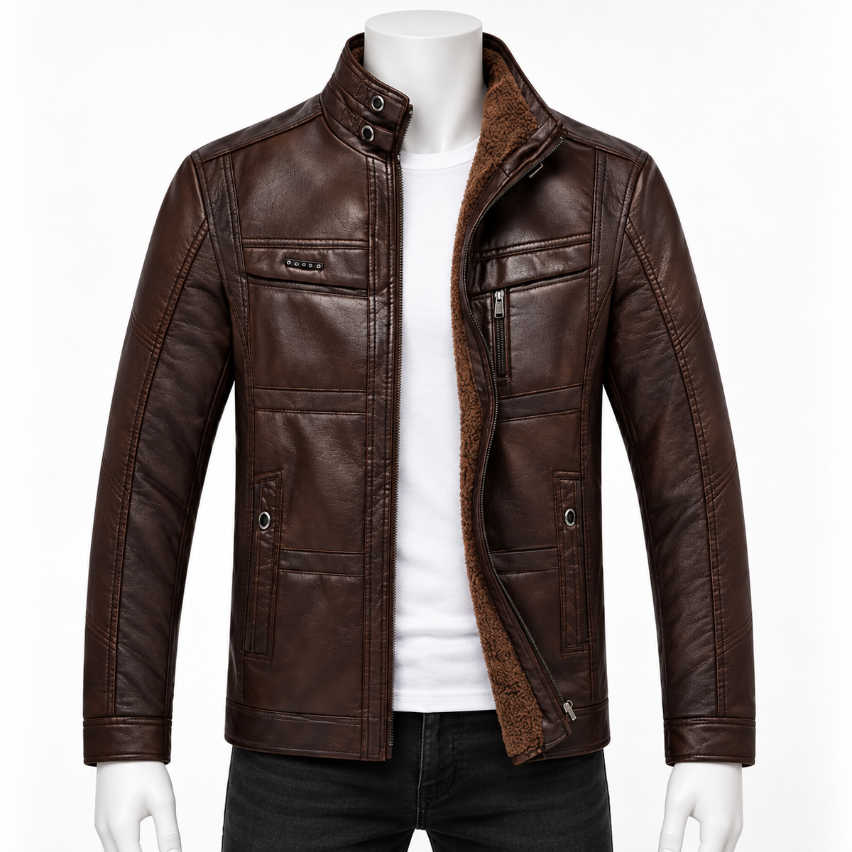 Brown - A dark brown faux leather jacket with a brown sherpa lining, displayed on a white mannequin torso over a white t-shirt and black jeans against a white background.