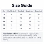 Shared - A size guide chart showing measurements in centimeters for sizes 170 to 190, including shoulder, chest, length, and sleeve, with a measurement note below on a white background.