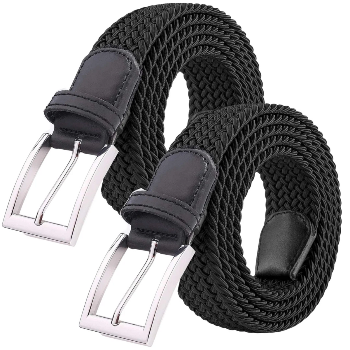 A black braided elastic belt with silver metal buckles, coiled on a white background.