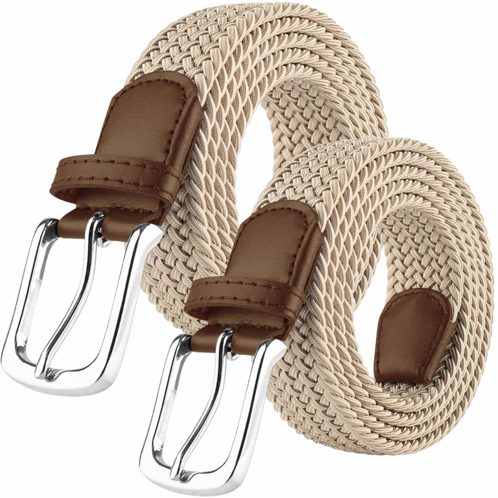 A coiled beige braided rope belt with brown leather buckle loops and silver-tone metal buckles, shown on a plain white background.