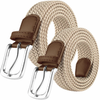 A coiled beige braided rope belt with brown leather buckle loops and silver-tone metal buckles, shown on a plain white background.