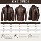 Shared - A brown leather jacket size guide chart showing front, back, and side views of a jacket with measurement callouts, plus a size table listing measurements for sizes 170 to 190.