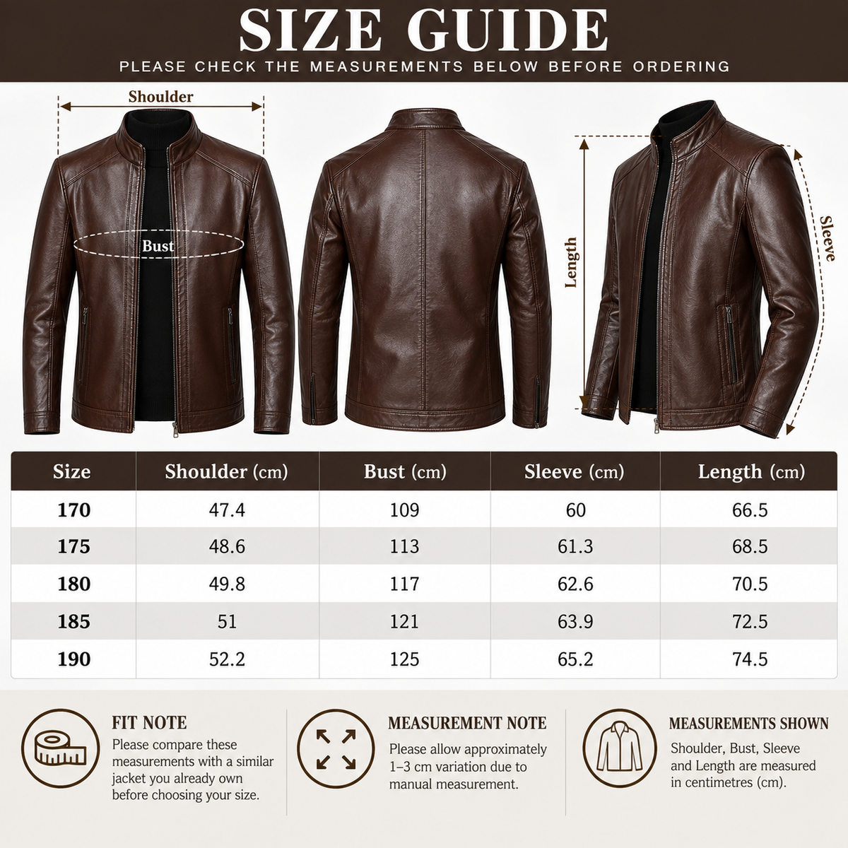 Shared - A brown leather jacket size guide chart showing front, back, and side views of a jacket with measurement callouts, plus a size table listing measurements for sizes 170 to 190.