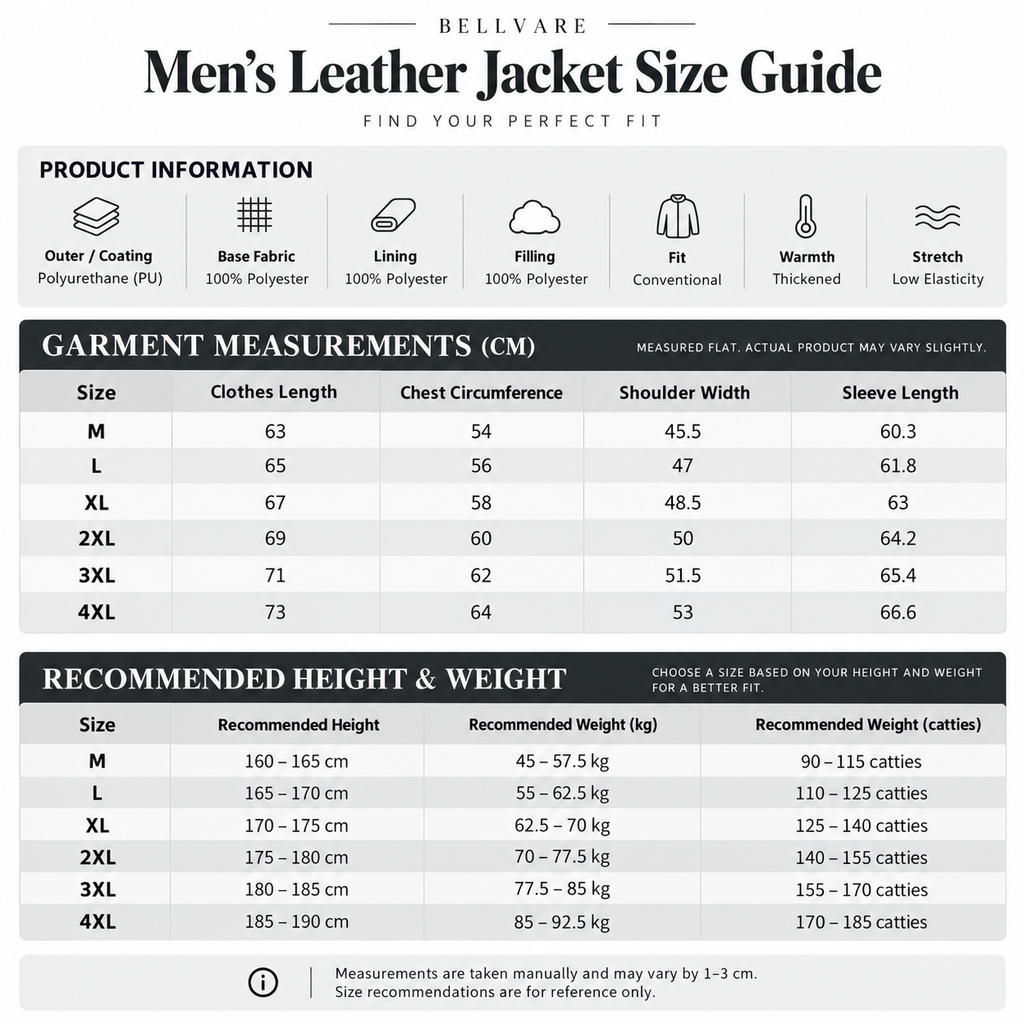 Shared - Bellvare Men's Leather Jacket Size Guide chart showing garment measurements in centimeters and recommended height and weight for sizes M through 4XL, with product information icons at the top.