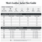 Shared - Bellvare Men's Leather Jacket Size Guide chart showing garment measurements in centimeters and recommended height and weight for sizes M through 4XL, with product information icons at the top.