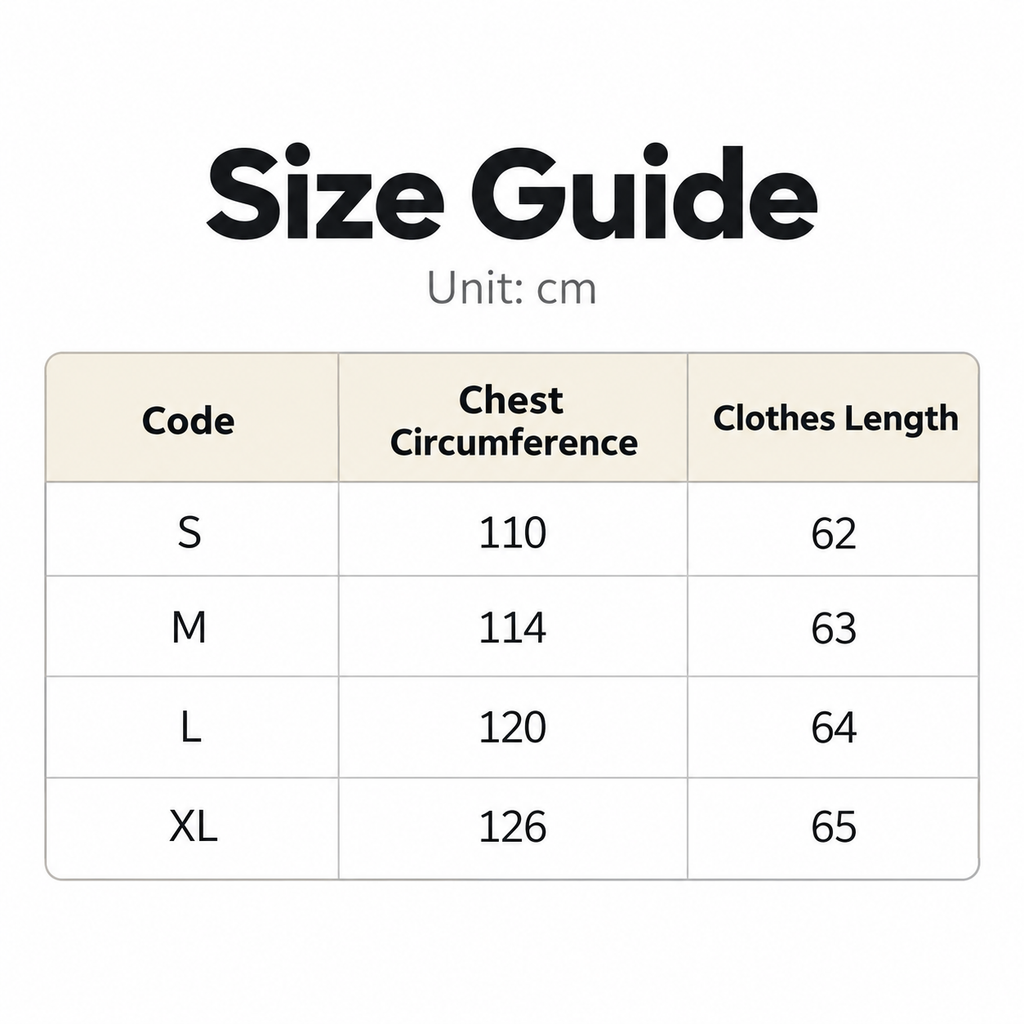 Shared - A size guide chart showing chest circumference in centimeters for clothing sizes S, M, L, and XL, with a column for clothes length, on a white background.