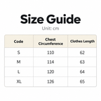 Shared - A size guide chart showing chest circumference in centimeters for clothing sizes S, M, L, and XL, with a column for clothes length, on a white background.