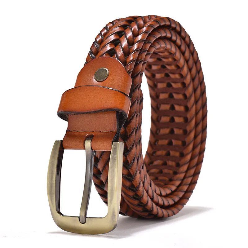 Brown woven belt with a gold buckle on a white background