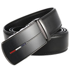 Black leather belt with a silver buckle on a white background