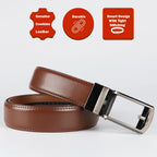 Brown leather belt with silver buckle on a white background, featuring durability and design icons.