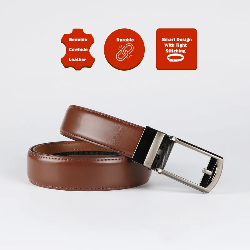 Genuine Leather Ratchet Belt for Men - Adjustable Automatic Buckle,Casual Business Style, High-Quality Leather Panel