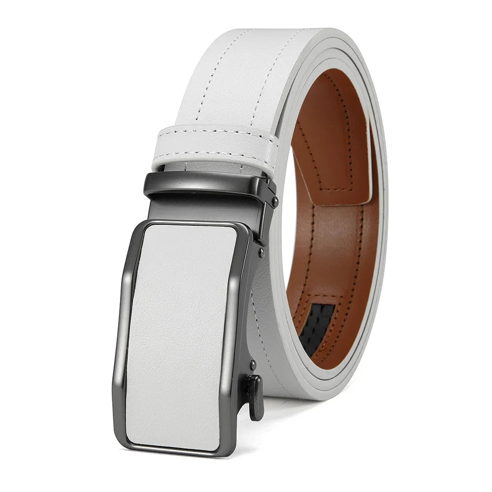 White leather belt with a silver buckle on a white background