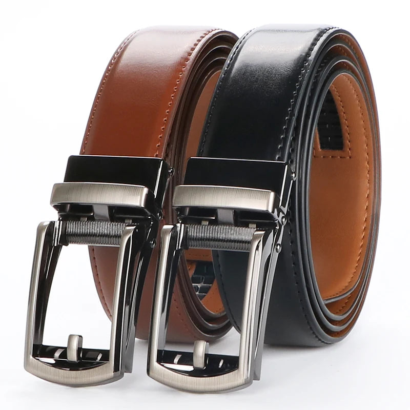 Genuine Leather Ratchet Belt for Men - Adjustable Automatic Buckle,Casual Business Style, High-Quality Leather Panel