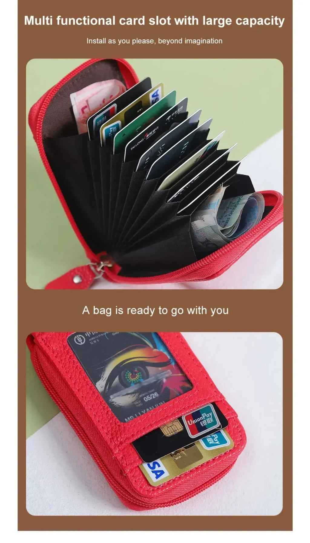 12 Slots RFID Blocking Leather Wallet for Men Women Accordion ID Card Holder Thin Minimalist Credit Card Organizer Slim