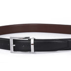 Black leather belt with silver buckle on a white background