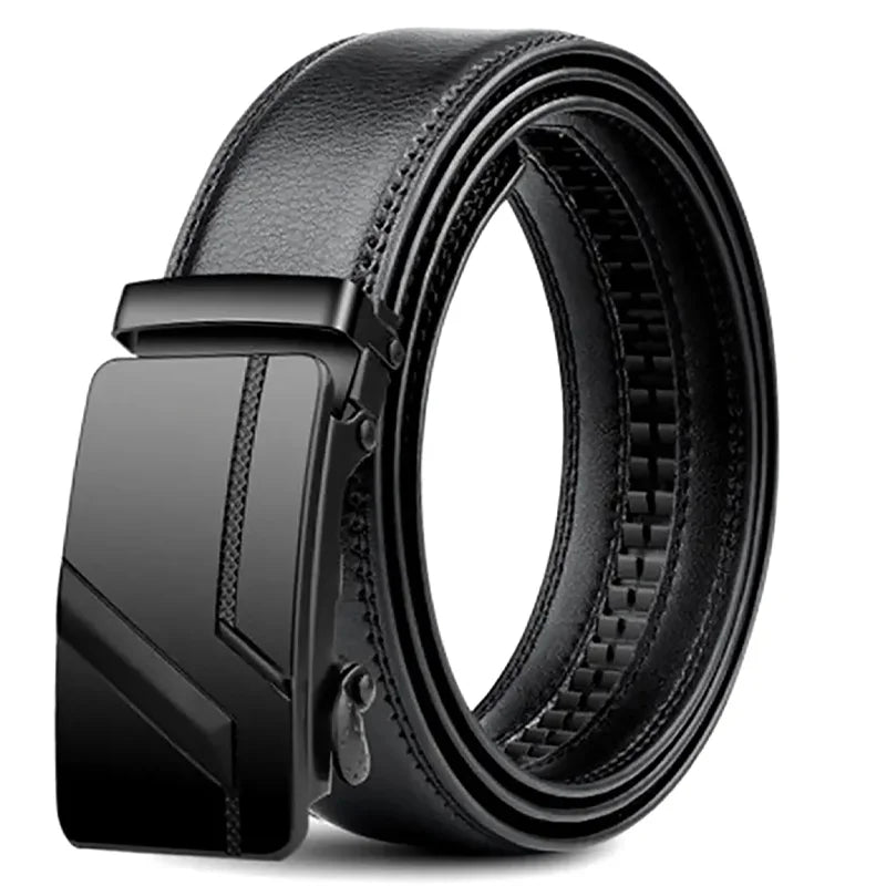Black leather belt with a black buckle on a white background