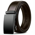 Brown leather belt with black buckle on a white background