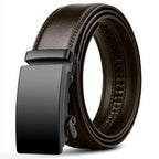 Brown leather belt with black buckle on a white background